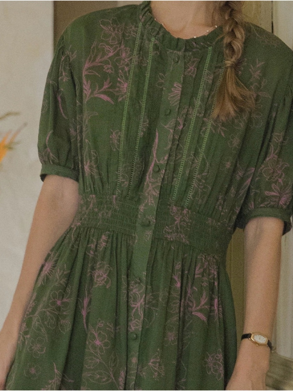 Green Floral Button-Front CottageCore Midi Dress with Smocked Waist. New W Tags - Picture 9 of 16
